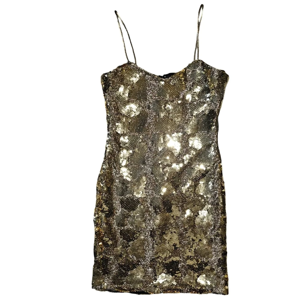 Vtg Dave & Johnny Gold Sequin Animal Print Mini Dress Cocktail Party USA Sz 3/4 - Picture 6 of 16